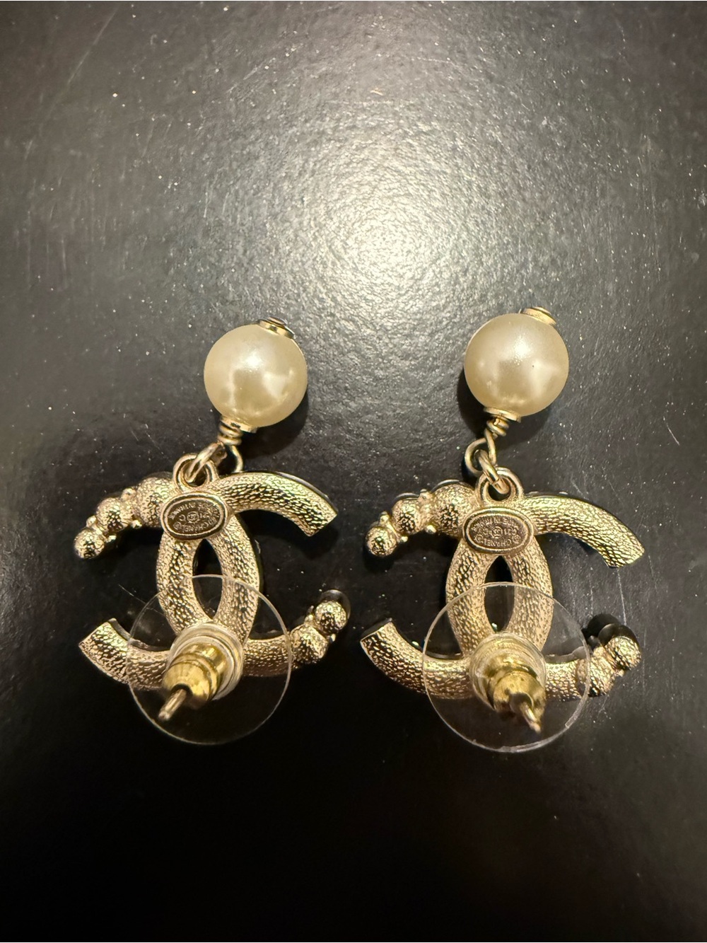 CHANEL Silver-Tone Crystal CC Logo Earrings with Pearl Drops - Picture 3 of 6
